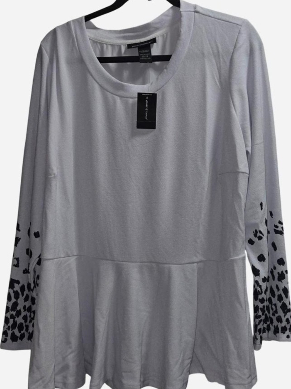 Ashley Stewart White Peplum Tunic with Black Leopard-Print Sleeves